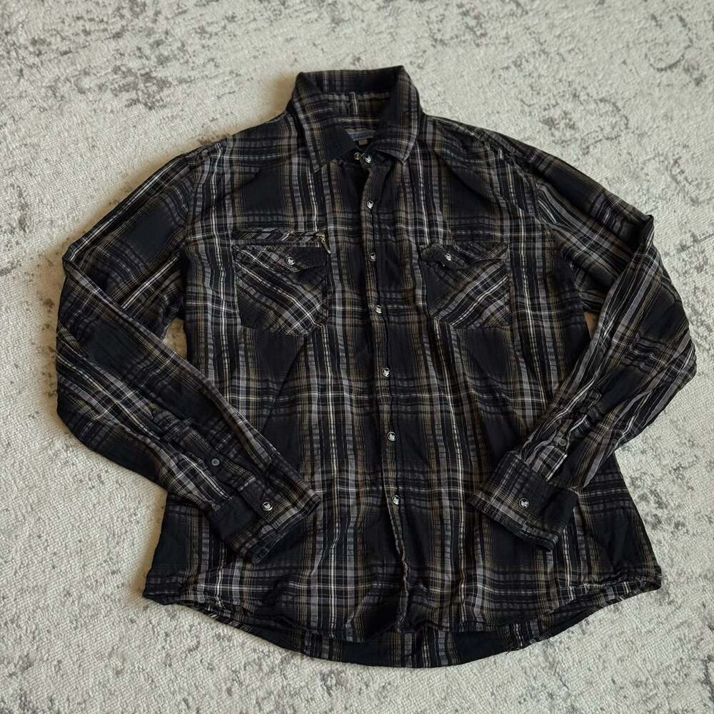 Effect Men's Black and Grey Plaid Long Sleeve Button-Down Shirt Size XL